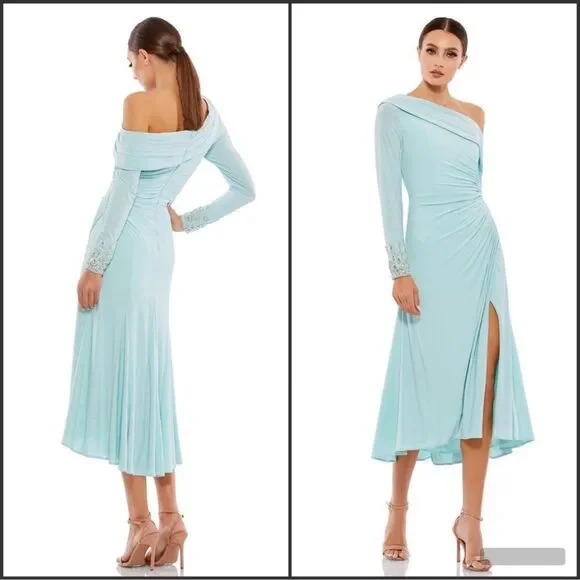 Mac Duggal 26485 Blue Foldover Long Sleeve Jeweled Midi Dress - Picture 1 of 14